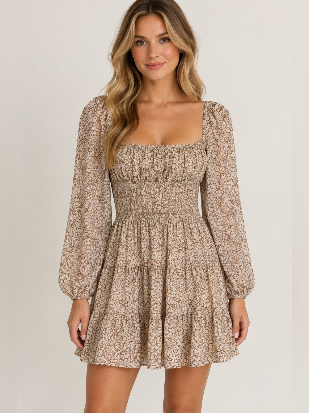 Princess Polly Floral Mini Dress XS Cream Brown Smocked Tiered Cottagecore